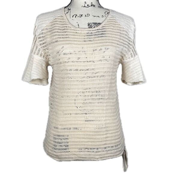 Free People Sz L Babes Only Short-Sleeve T-Shirt Crochet Ivory Knit Flutter - Picture 1 of 9